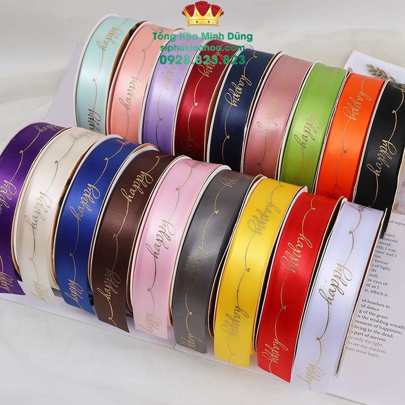 Ruy Băng Lụa Chữ Nhũ Vàng Happy Cao Cấp - Sỉ Phụ Kiện Hoa Ruy Băng Lụa Chữ Nhũ Vàng Happy Cao Cấp