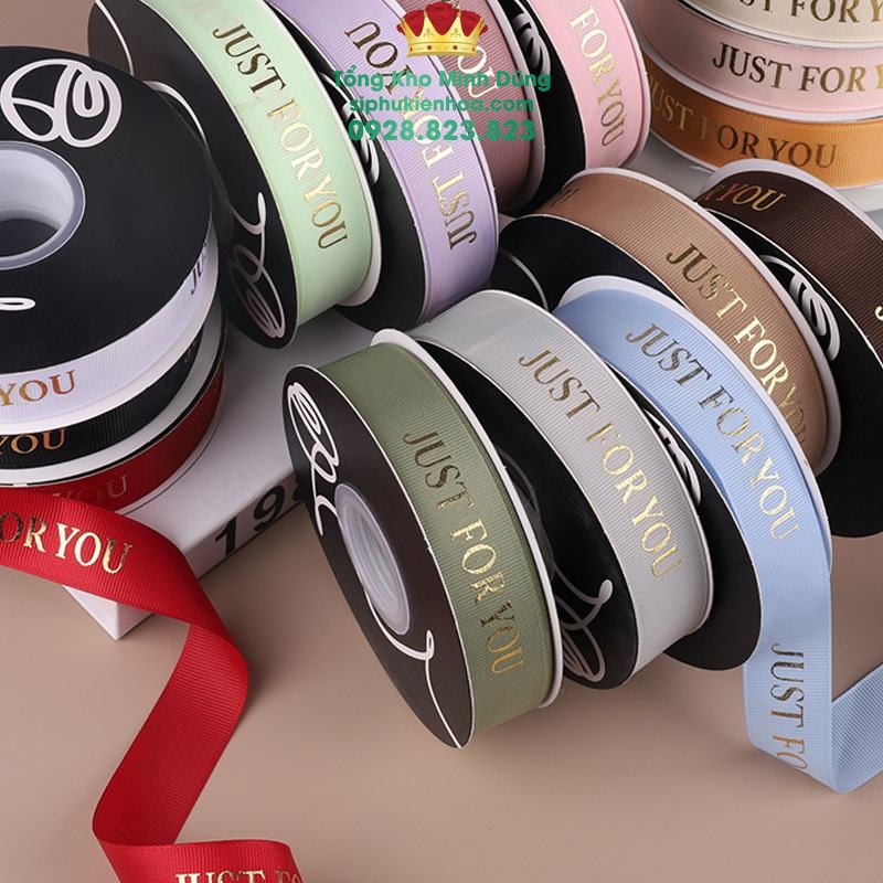 Ruy Băng Lụa Chữ Nhũ Vàng Just For You Cao Cấp - Sỉ Phụ Kiện Hoa Ruy Băng Lụa Chữ Nhũ Vàng Just For You Cao Cấp