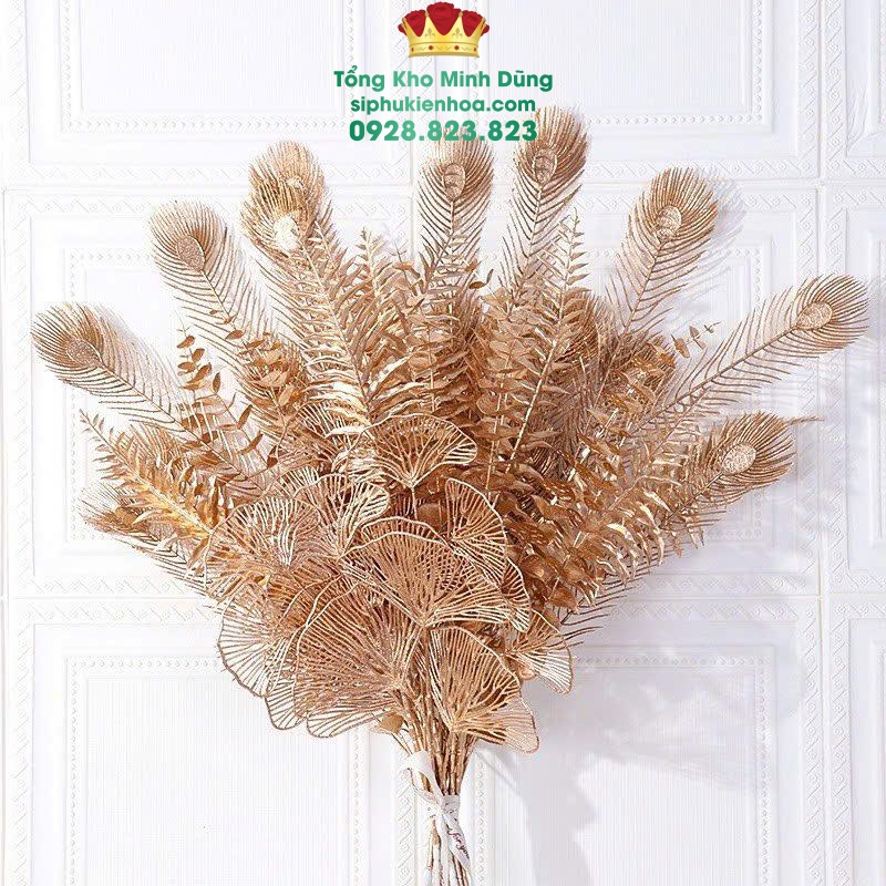 cành Công Xòe Nhũ Đồng Set 10 Cành - Sỉ Phụ Kiện Hoa cành Công Xòe Nhũ Đồng Set 10 Cành - Ảnh 2