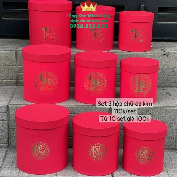 Set 3 Hộp Tròn Cắm Hoa Chữ Tết - Sỉ Phụ Kiện Hoa Set 3 Hộp Tròn Cắm Hoa Chữ Tết